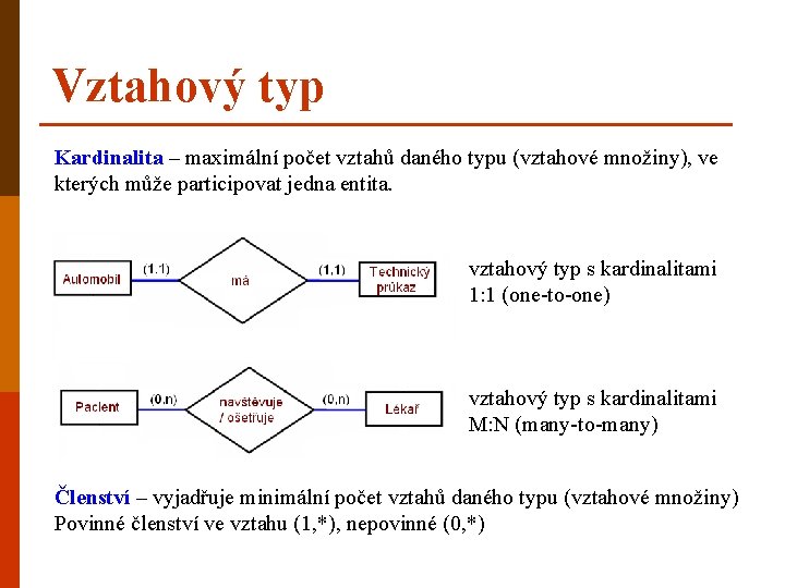 Vztahový typ Kardinalita – maximální počet vztahů daného typu (vztahové množiny), ve kterých může