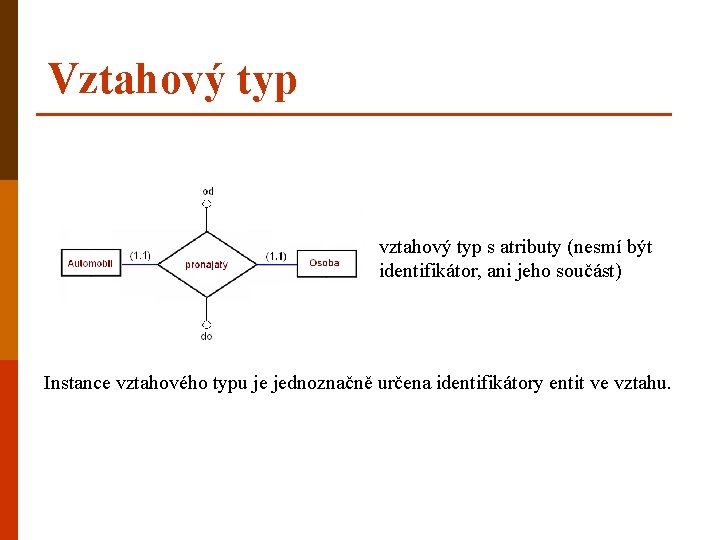 Vztahový typ vztahový typ s atributy (nesmí být identifikátor, ani jeho součást) Instance vztahového