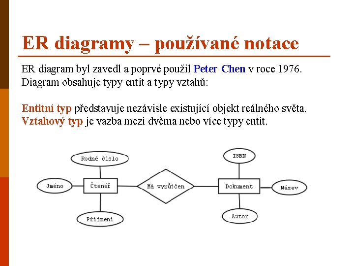 ER diagramy – používané notace ER diagram byl zavedl a poprvé použil Peter Chen