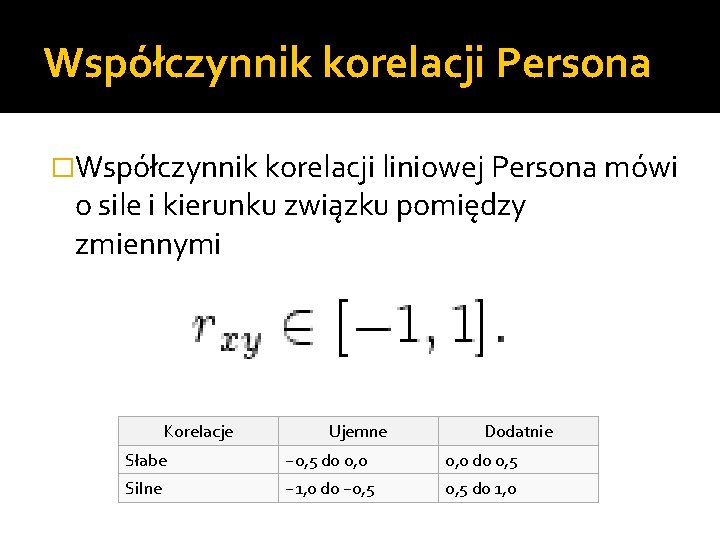 Współczynnik korelacji Persona �Współczynnik korelacji liniowej Persona mówi o sile i kierunku związku pomiędzy