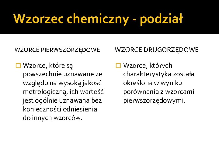 Wzorzec chemiczny - podział WZORCE PIERWSZORZĘDOWE WZORCE DRUGORZĘDOWE � Wzorce, które są � Wzorce,