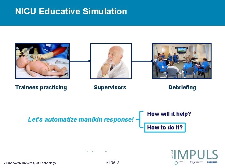 NICU Educative Simulation Very demanding… Trainees practicing Supervisors Manikin Response Let’s automatize manikin response!