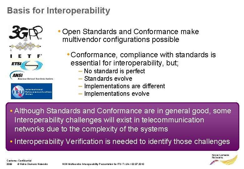 Basis for Interoperability • Open Standards and Conformance make multivendor configurations possible • Conformance,