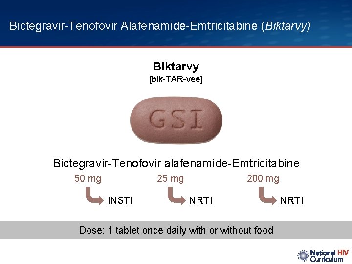 Bictegravir-Tenofovir Alafenamide-Emtricitabine (Biktarvy) Biktarvy [bik-TAR-vee] Bictegravir-Tenofovir alafenamide-Emtricitabine 50 mg 25 mg INSTI 200 mg