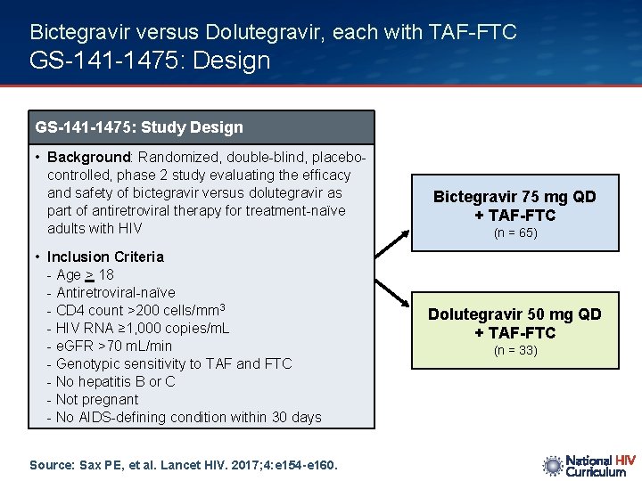Bictegravir versus Dolutegravir, each with TAF-FTC GS-141 -1475: Design GS-141 -1475: Study Design •