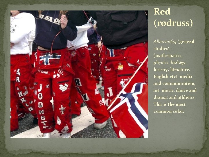 Red (rødruss) Allmennfag (general studies) (mathematics, physics, biology, history, literature, English etc); media and