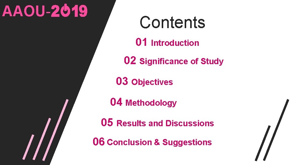 AAOU- Contents 01 Introduction 02 Significance of Study 03 Objectives 04 Methodology 05 Results