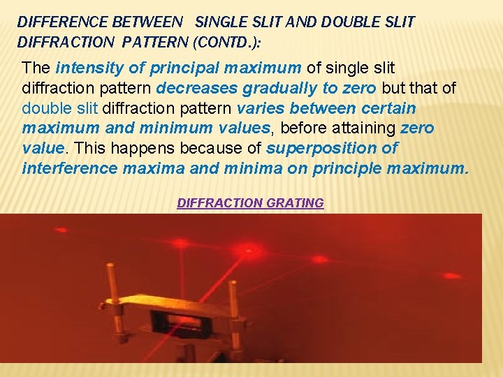 DIFFERENCE BETWEEN SINGLE SLIT AND DOUBLE SLIT DIFFRACTION PATTERN (CONTD. ): The intensity of