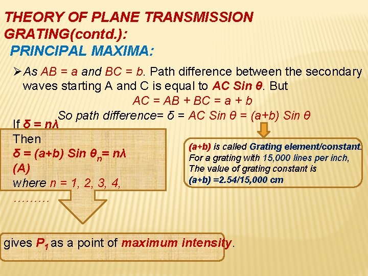 THEORY OF PLANE TRANSMISSION GRATING(contd. ): PRINCIPAL MAXIMA: ØAs AB = a and BC