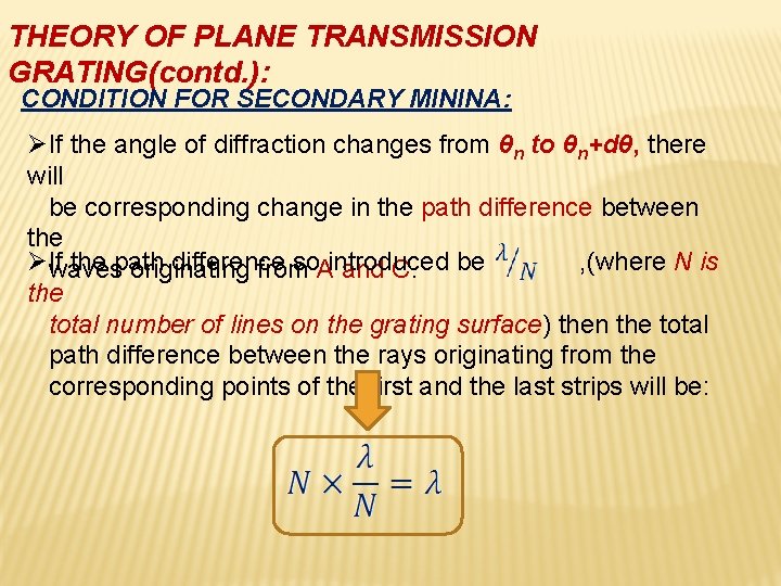 THEORY OF PLANE TRANSMISSION GRATING(contd. ): CONDITION FOR SECONDARY MININA: ØIf the angle of