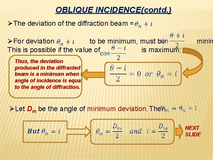 OBLIQUE INCIDENCE(contd. ) ØThe deviation of the diffraction beam = ØFor deviation to be