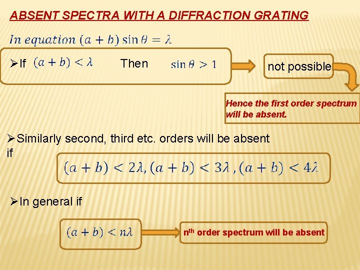 ABSENT SPECTRA WITH A DIFFRACTION GRATING ØIf Then not possible Hence the first order