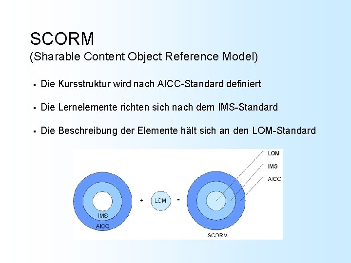 SCORM (Sharable Content Object Reference Model) § Die Kursstruktur wird nach AICC-Standard definiert §