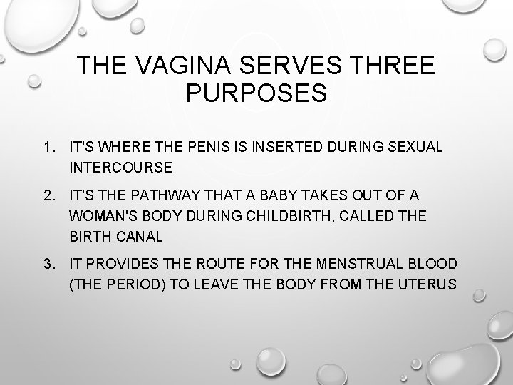 THE VAGINA SERVES THREE PURPOSES 1. IT'S WHERE THE PENIS IS INSERTED DURING SEXUAL
