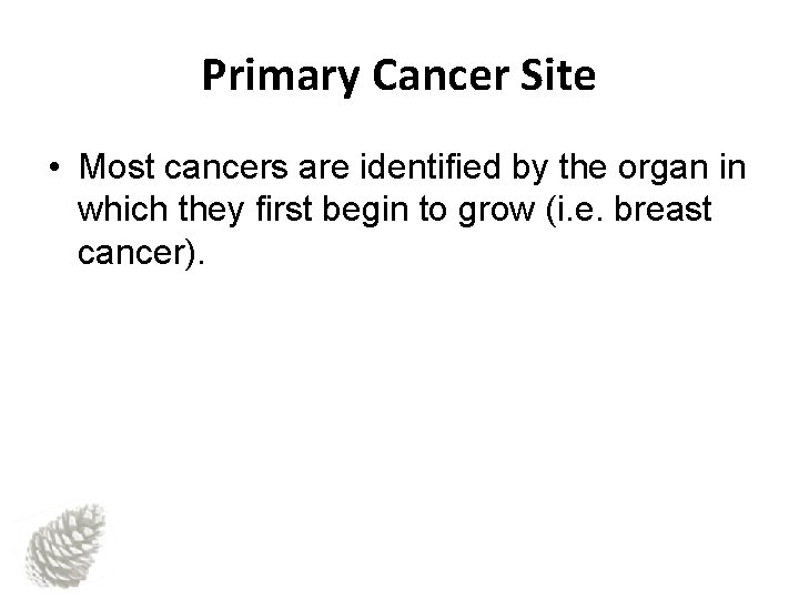 Primary Cancer Site • Most cancers are identified by the organ in which they