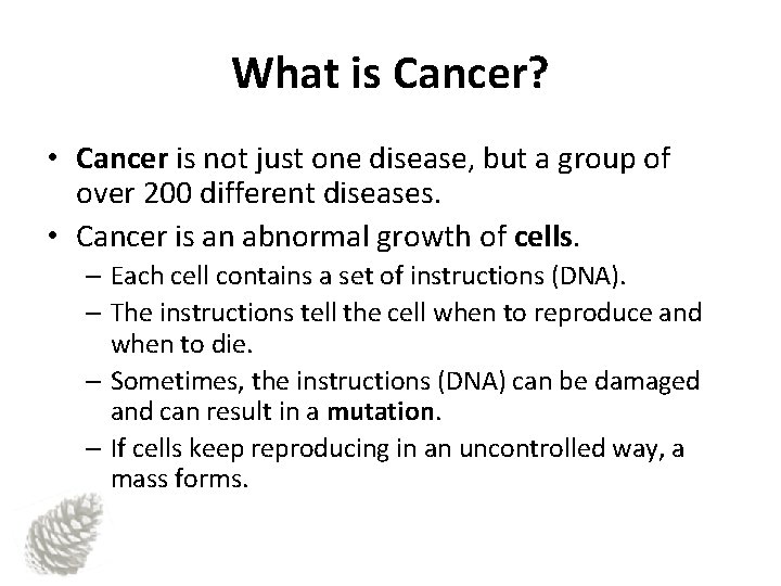 What is Cancer? • Cancer is not just one disease, but a group of