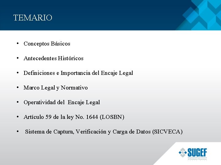 TEMARIO • Conceptos Básicos • Antecedentes Históricos • Definiciones e Importancia del Encaje Legal