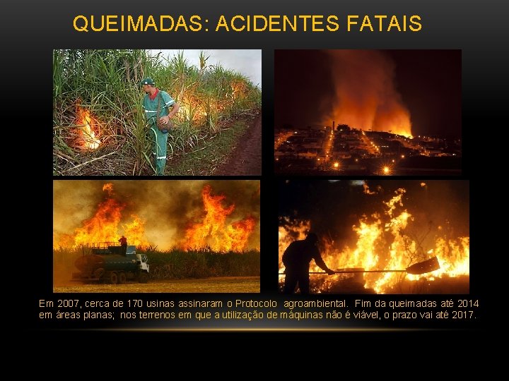  QUEIMADAS: ACIDENTES FATAIS Em 2007, cerca de 170 usinas assinaram o Protocolo agroambiental.