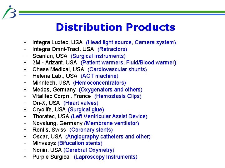 Distribution Products • • • • • Integra Luxtec, USA (Head light source, Camera