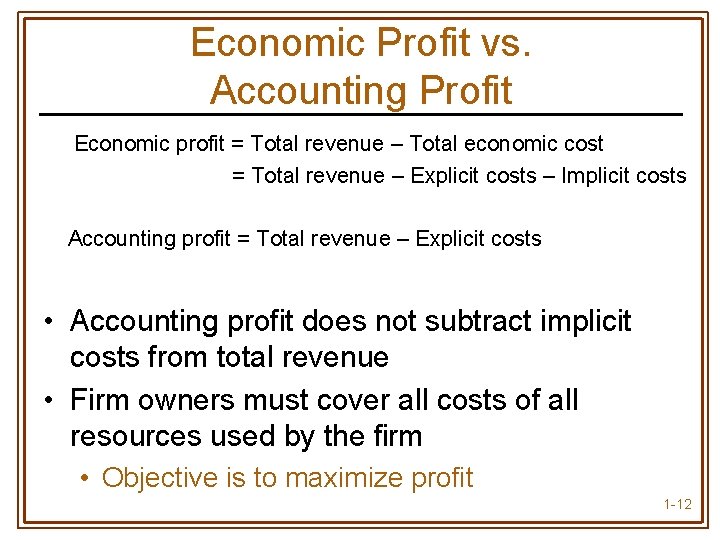 Economic Profit vs. Accounting Profit Economic profit = Total revenue – Total economic cost