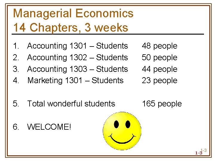 Managerial Economics 14 Chapters, 3 weeks 1. 2. 3. 4. Accounting 1301 – Students