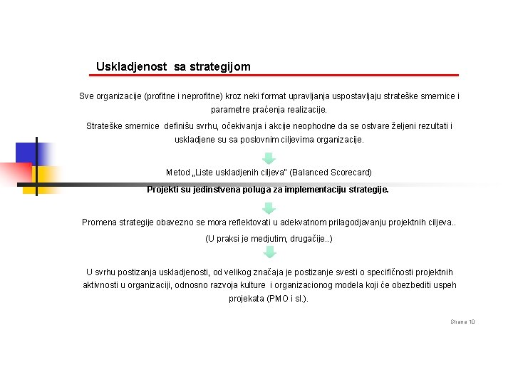 Uskladjenost sa strategijom Sve organizacije (profitne i neprofitne) kroz neki format upravljanja uspostavljaju strateške