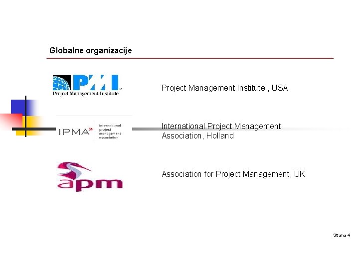 Globalne organizacije Project Management Institute , USA International Project Management Association, Holland Association for