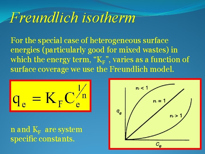 Freundlich isotherm For the special case of heterogeneous surface energies (particularly good for mixed