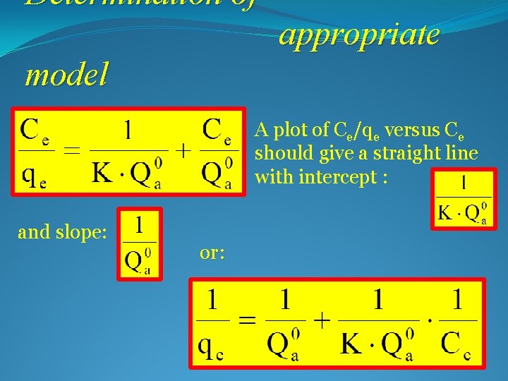 Determination of appropriate model A plot of Ce/qe versus Ce should give a straight