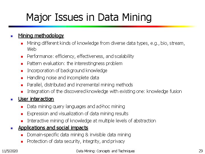 Major Issues in Data Mining n Mining methodology n n Performance: efficiency, effectiveness, and Major Issues in Data Mining n Mining methodology n n Performance: efficiency, effectiveness, and