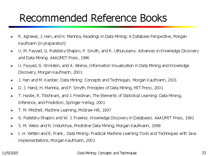 Recommended Reference Books n R. Agrawal, J. Han, and H. Mannila, Readings in Data