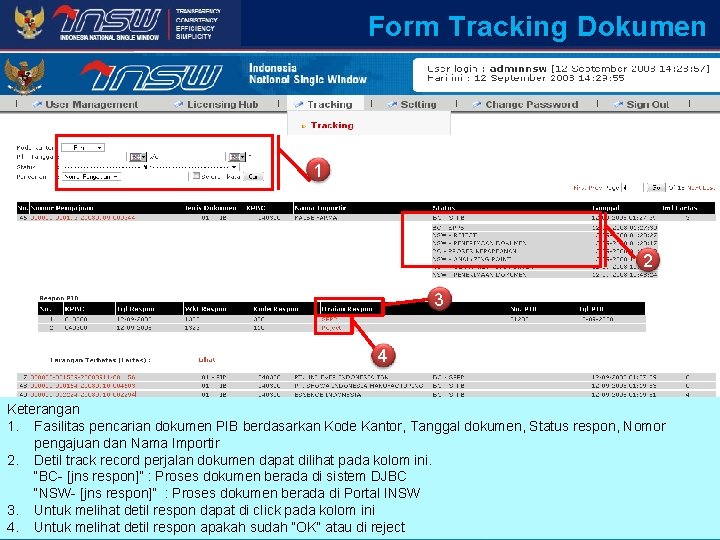 Form Tracking Dokumen 1 2 3 4 Keterangan 1. Fasilitas pencarian dokumen PIB berdasarkan