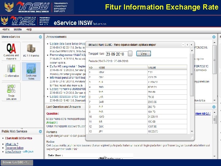 Fitur Information Exchange Rate http: //www. insw. go. id 