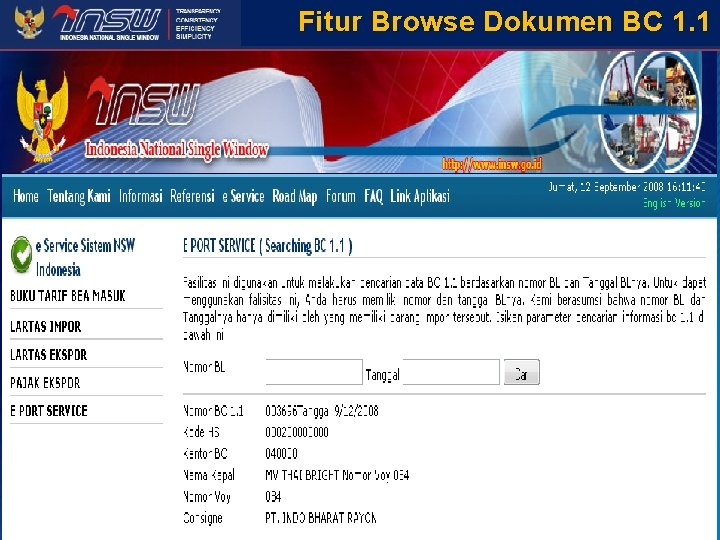 Fitur Browse Dokumen BC 1. 1 http: //www. insw. go. id 
