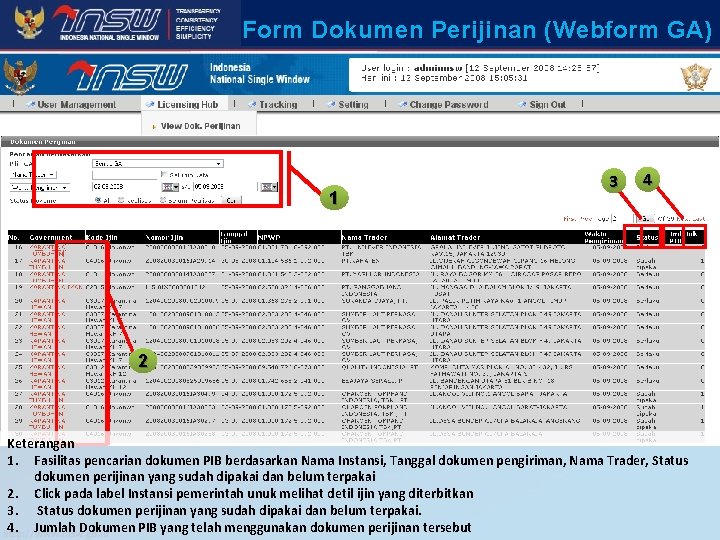 Form Dokumen Perijinan (Webform GA) 1 3 4 2 Keterangan 1. Fasilitas pencarian dokumen