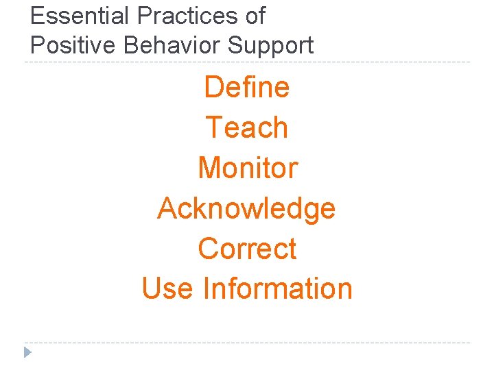 Essential Practices of Positive Behavior Support Define Teach Monitor Acknowledge Correct Use Information 