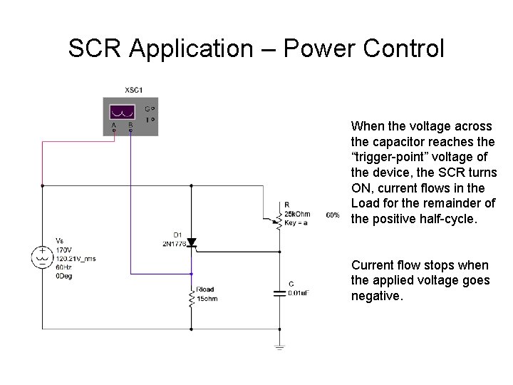 SCR Application – Power Control When the voltage across the capacitor reaches the “trigger-point” SCR Application – Power Control When the voltage across the capacitor reaches the “trigger-point”
