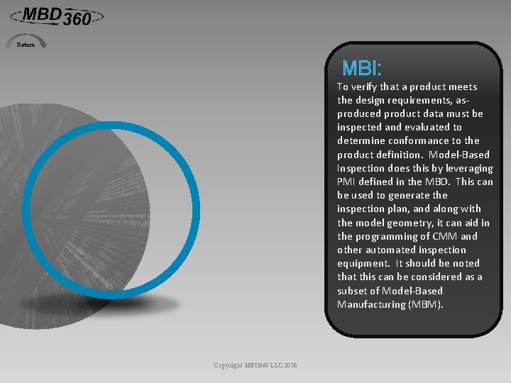 Return MBI: To verify that a product meets the design requirements, asproduced product data