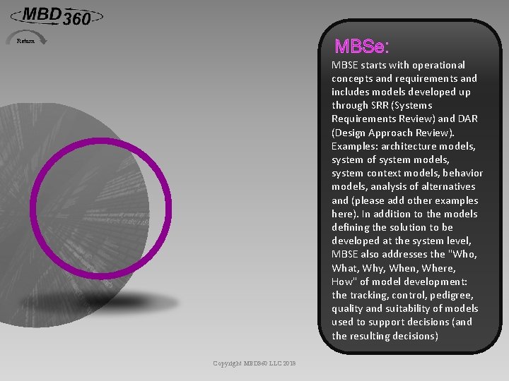 MBSe: Return MBSE starts with operational concepts and requirements and includes models developed up