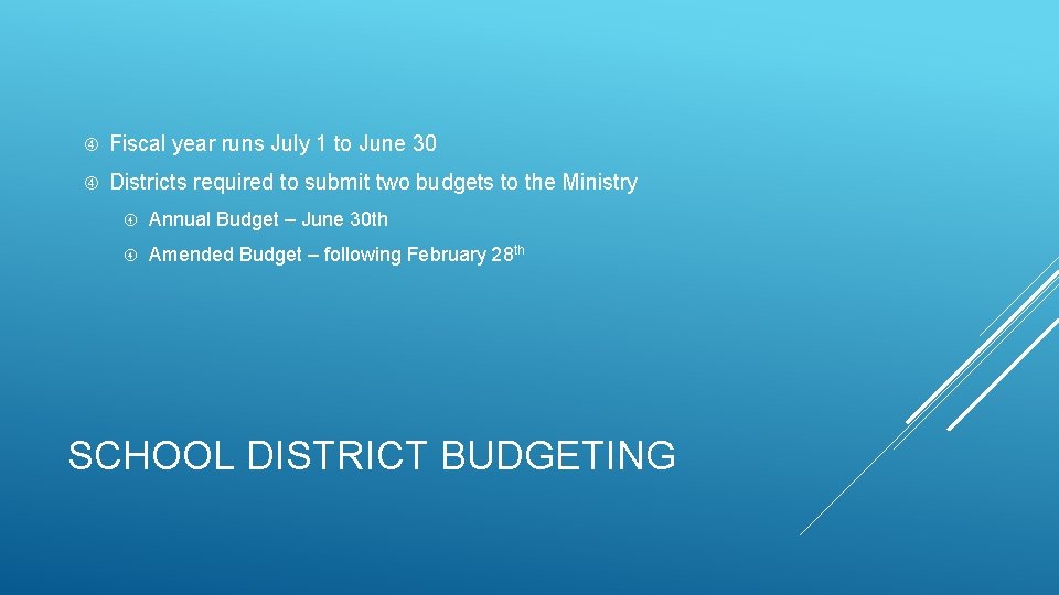  Fiscal year runs July 1 to June 30 Districts required to submit two