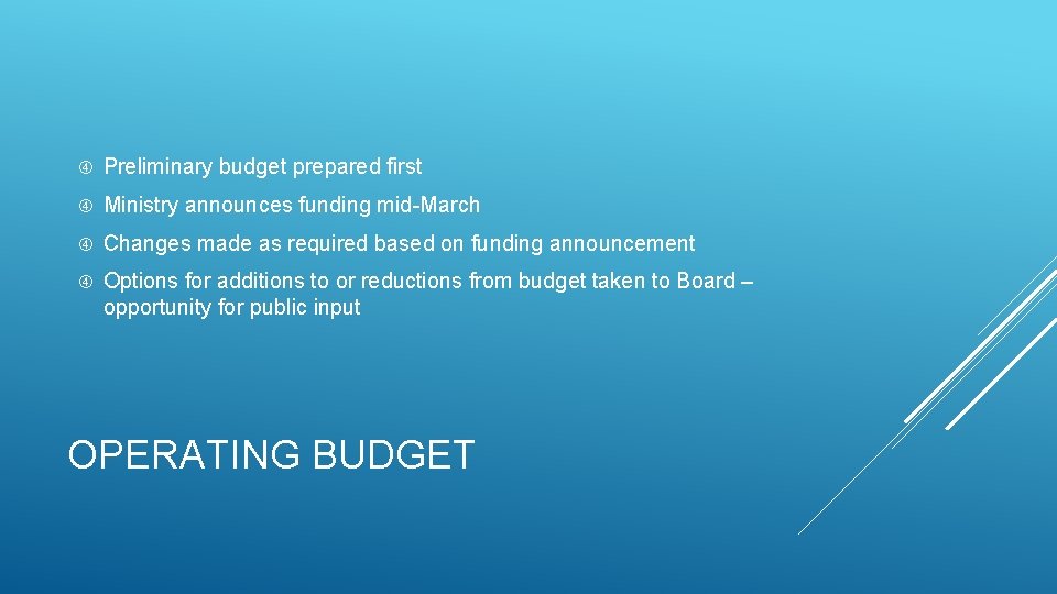  Preliminary budget prepared first Ministry announces funding mid-March Changes made as required based