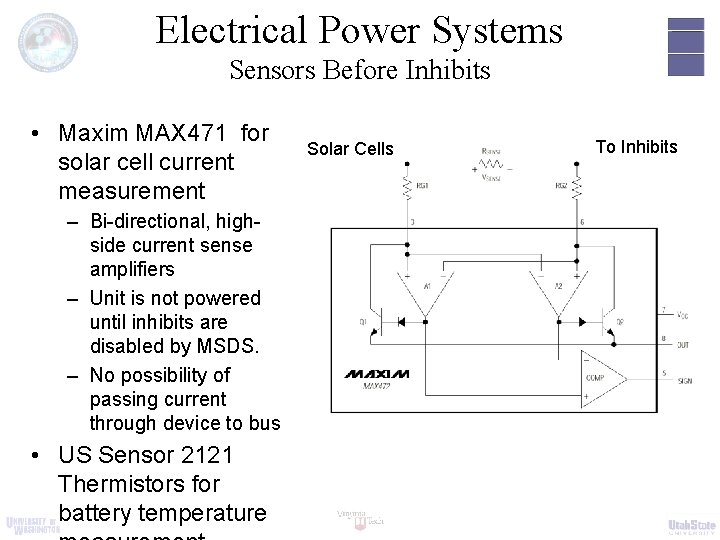 Electrical Power Systems Sensors Before Inhibits • Maxim MAX 471 for solar cell current