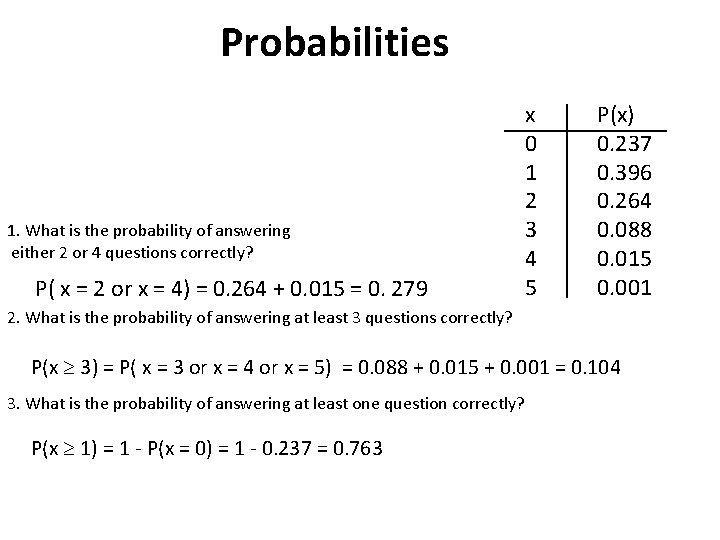 Probabilities 1. What is the probability of answering either 2 or 4 questions correctly?