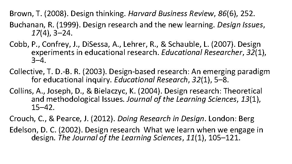 Brown, T. (2008). Design thinking. Harvard Business Review, 86(6), 252. Buchanan, R. (1999). Design