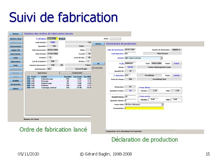 Suivi de fabrication Ordre de fabrication lancé Déclaration de production 05/11/2020 © Gérard Baglin,