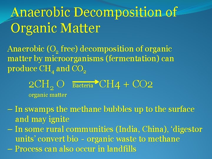 Anaerobic Decomposition of Organic Matter Anaerobic (O 2 free) decomposition of organic matter by