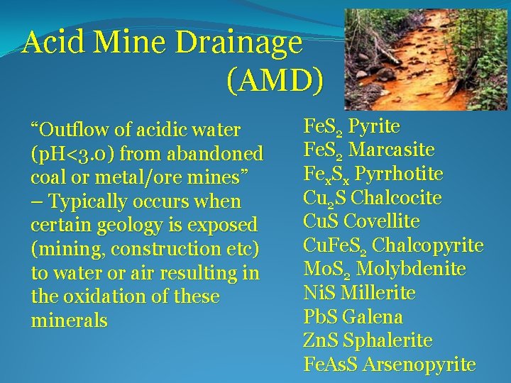 Acid Mine Drainage (AMD) “Outflow of acidic water (p. H<3. 0) from abandoned coal