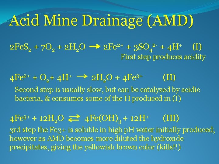 Acid Mine Drainage (AMD) 2 Fe. S 2 + 7 O 2 + 2