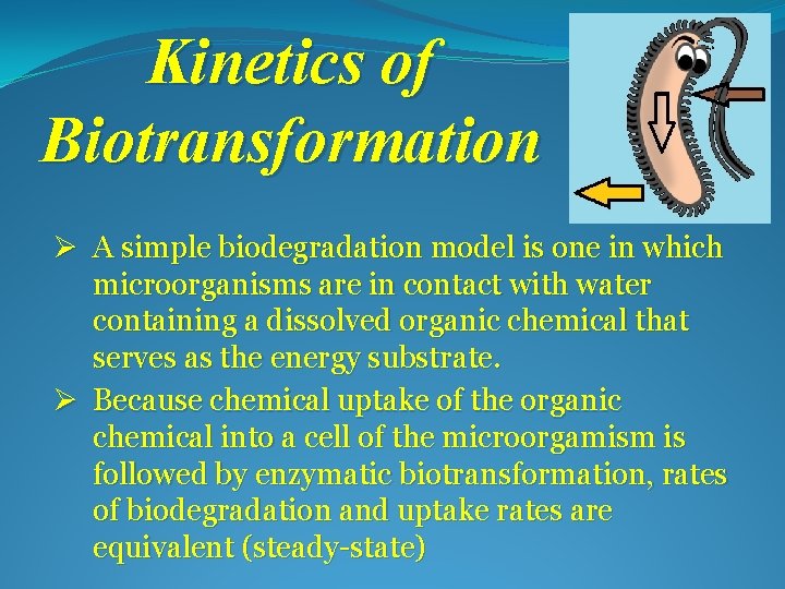 Kinetics of Biotransformation Ø A simple biodegradation model is one in which microorganisms are