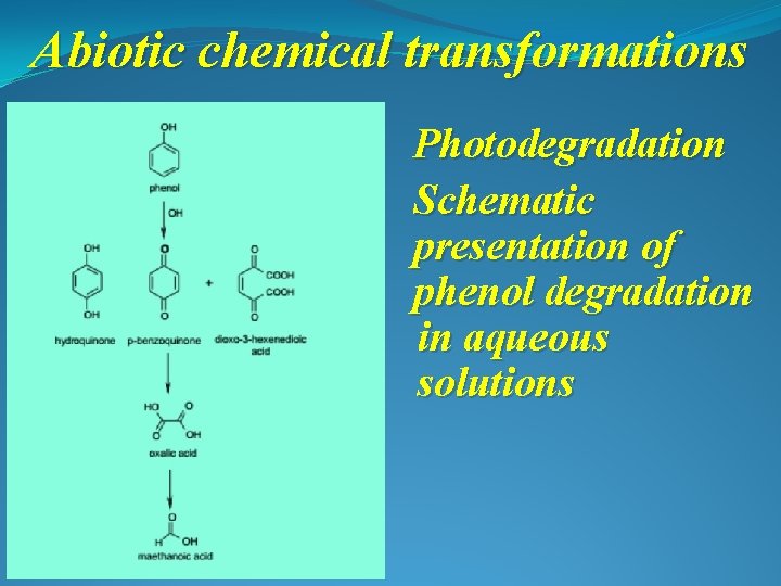 Abiotic chemical transformations Photodegradation Schematic presentation of phenol degradation in aqueous solutions 